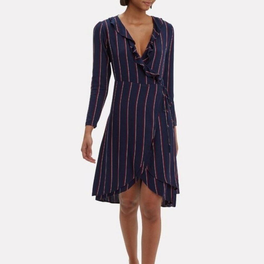NEW Rails Navy Striped Wrap Ruffle Long Sleeve Dress XS Side Tie $138 Priya